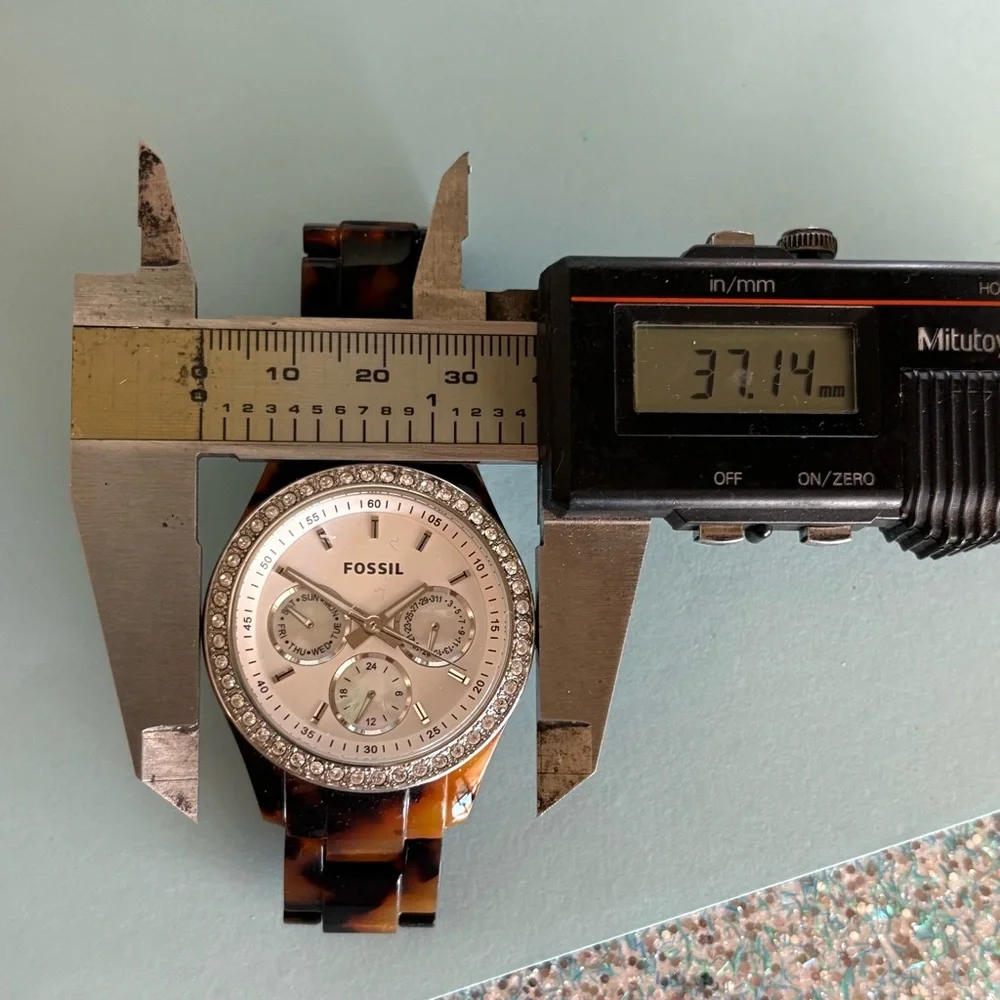 Fossil Stella Chronograph Crystal Bezel Tortoise Stainless Steel Bracelet Watch